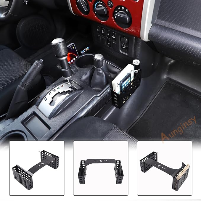 Aunginsy Center Console Gear Storage Box Basket Fit Toyot@a FJ Cruiser 2007-2024 Aluminum Gear Shift Side Storage Baskets Center Console Organizer Tray Armrest Storage Box Basket Interior Accessories