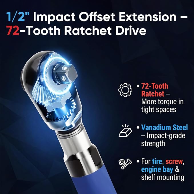 GIRAVO 1/2" Offset Extension Wrench Impact, Manual impact Ratchet Wrench Compatible with Electric Ratchet, Offset Wrench with Versatile 3/8" Square Drive Adapters for Tight Spaces