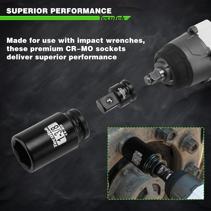 TecoTek 3/4" Drive Deep 6-Point Impact Socket Set, 9-Piece Jumbo Assortment, SAE, Cr-Mo, 1-Inch to 1-1/2-Inch Size, 1/2" F to 3/4" M Impact Socket Adapter