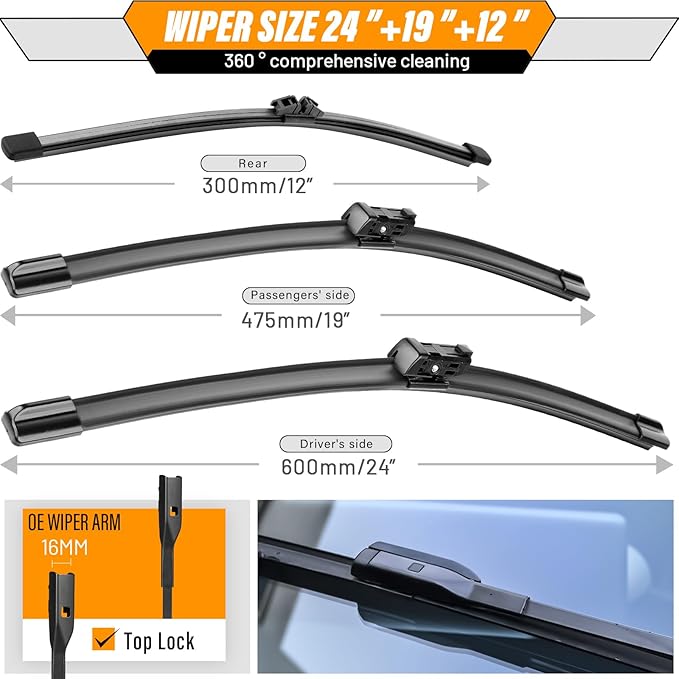 AUTOBOO 24"+19" Windshield Wipers Blades Replacement for Honda Civic Hatchback 2022-2024 with 12 Inch Rear Wiper Blade -Original Factory Quality (Pack of 3)