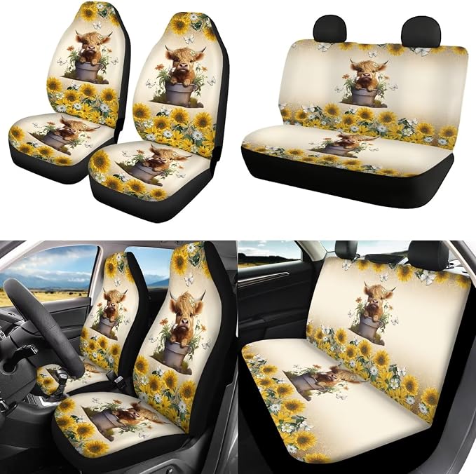 POLERO Sunflower Highland Cow Seat Covers for Cars Cute Car Accessories 11pcs Steering Wheel Cover Set with Seat Belt Covers
