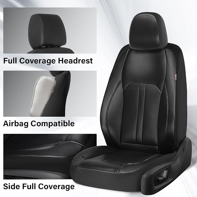 Coverado Leather Car Seat Covers Front Seats & Carbon Fiber, Waterproof and Durable All Weather Protector, Universal Fit for SUV, Pickup Truck, Sedan, Automotive Vehicle Interior （Black）