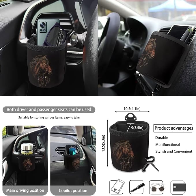 Horse Dreamcatcher Pattern Auto Seat Covers Full Set 10pcs Car Accessories Front and Back Seat Covers Car Trash Can Steering Wheel Cover Air Ven Storage Bag Keychain Cup Coasters