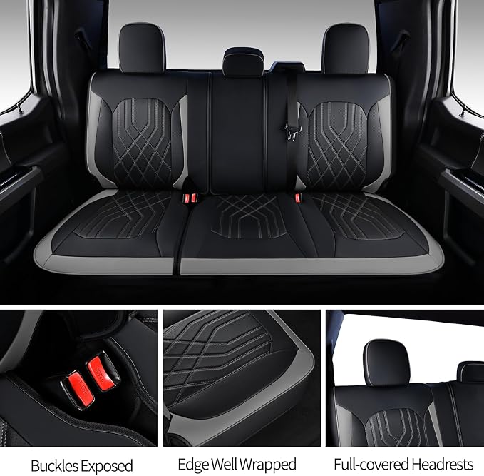 Ranger Seat Covers, for 2019-2025 Ford Ranger XLT XL Lariat Crew Cab, Napa Leather Seat Protector (Full Set, Black&Gray)