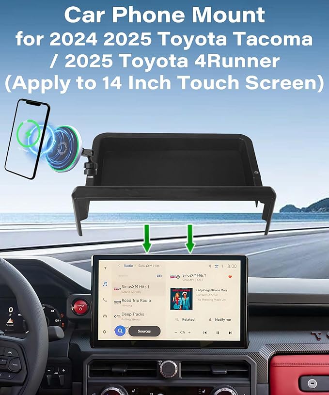 Car Phone Holder for Toyota Tacoma 2024 2025/4Runner 2025 Accessories Apply to 14 Inch Touchscreen 15W Fast Wireless Charger Screen Fixed Clip Cell Phone Mount with Dashboard Storage Tray