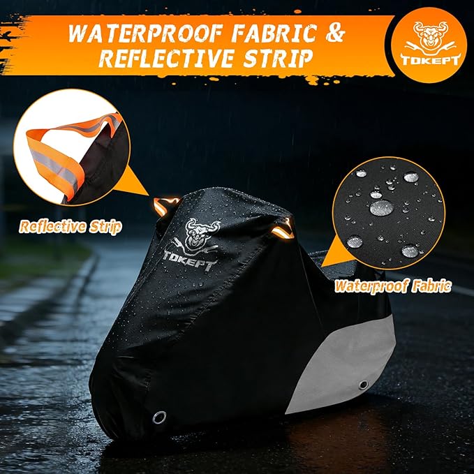 Motorcycle Cover Waterproof All Season Outdoor Protection, Fits up to 96 Inch, Compatible with Sport Bikes & Cruisers with Locking Holes & Reflective Strips (Black&Silver)