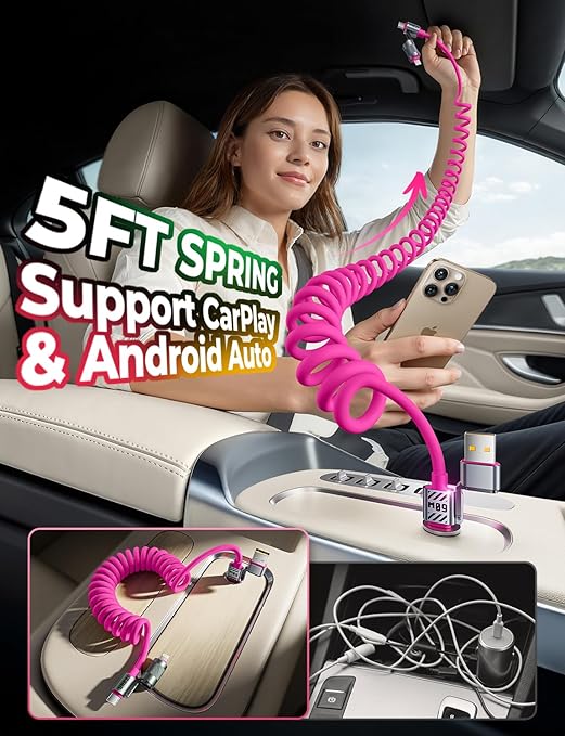 Coiled Pink Cable 4-in-1 USB C Cable 240W Compatible with Lightning Cable Fast Charging & Data Transfer, Support to CarPlay & Android Auto, 5FT Multi Cord Combo Charger for iPhone/iPad