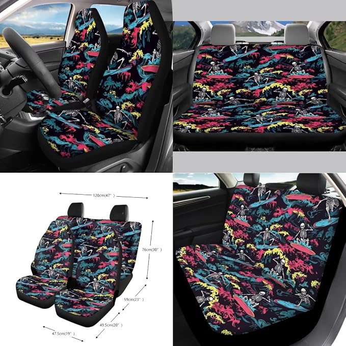 Skull Surfing Print Car Accessories Set Car Seat Covers Steering Wheel Covers Seatbelt Strap Cover Garbage Cans Air Vent Storage Bag Rear View Mirror Cover Cup Holder Key Chain, 15 Pcs