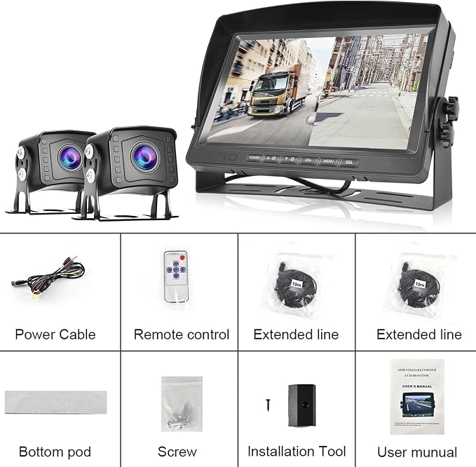 Dual RV Backup Camera System 1080P, Hodozzy 9 Inch AHD Reversing Camera Monitor Wired IP69 Waterproof Full Color Night Vision Loop Recording Car Reversing Rear View Camera for Truck/Trailer/RV 12-35V