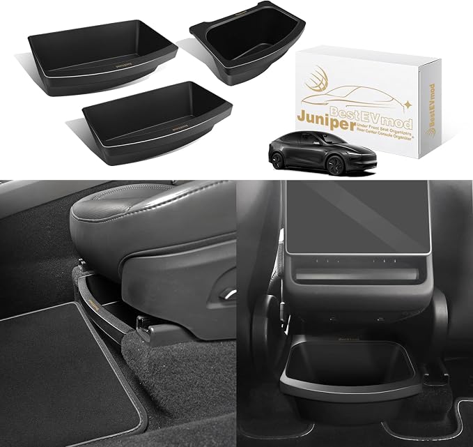 BestEvMod for 2026+ Model Y Juniper Refresh 3PCS Storage Bundle Trash Can Backseat Storage Box Garbage Rear Bin Can Anti-Slip Rear Center Console Organizer 1 + Under Seat Organizer Box2