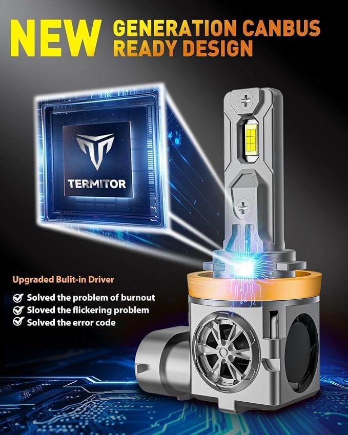 Termitor High Performance H11 9005 Fog Light Bulbs Combo | 140,000LM Brightness, 6500K Bright White Light, DIY Easy Install, 85K+ Hrs, IP68, OE Sizing, Pack Of 4