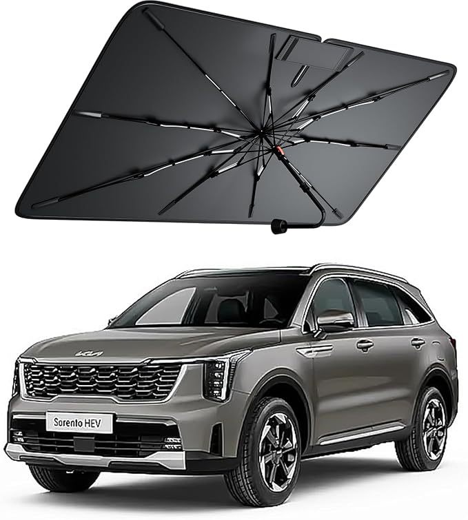 Windshield Sun Shade for Kia Sorento 2003–2026, Foldable Umbrella Sunshade with 100% UV Block, Multi-Layer Heat Insulation, Reinforced 10-Rib Frame, Keeps Car Cooler, Summer Car Accessory
