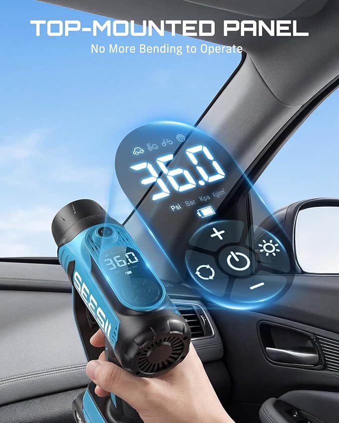 SEESII Tire Inflator Portable Air Compressor, 21V Cordless 150PSI Car Air Pump with 2×2000mAh Batteries, 2-IN-1 Tire Inflator & Car Vacuum 20000Pa Suction, Digital Gauge, LED Light for Car, Ball, Bike