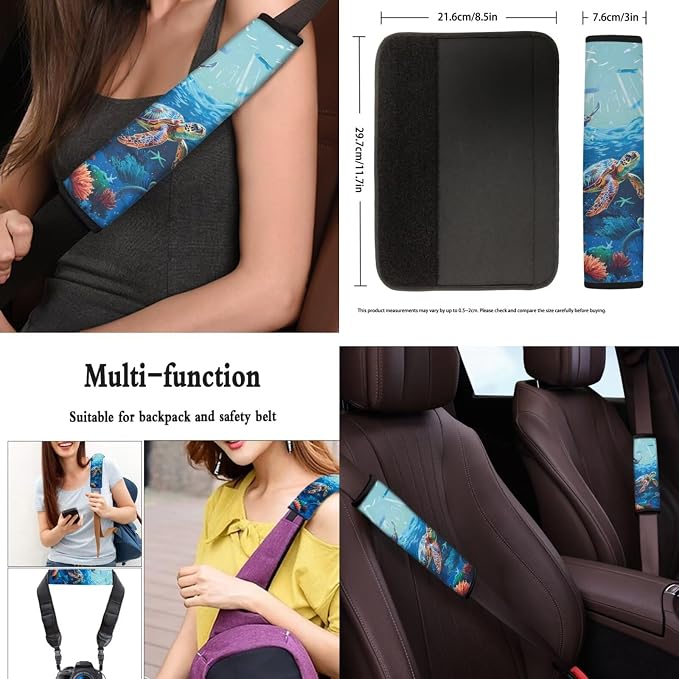 Sea Turtle Prints Car Interior Accessories Set of 8, Car Seat Covers Full Set with Steering Wheel Cover Center Console Pad Seat Belt Covers, Auto Decorations for Women