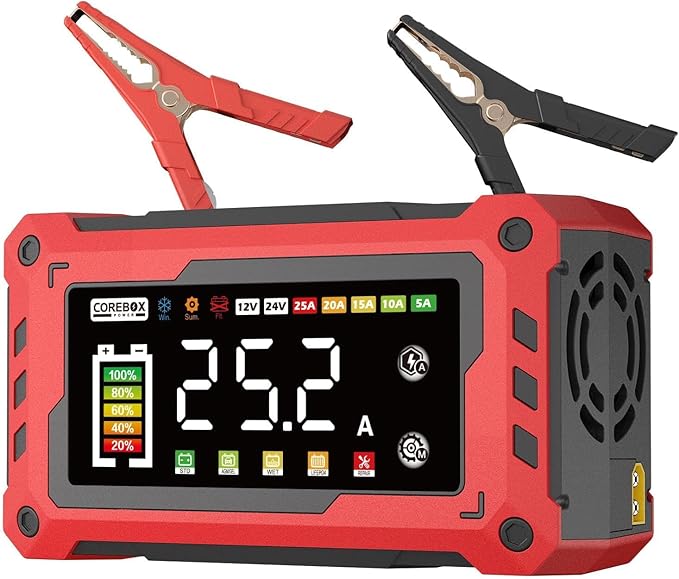 COREBOX Battery Charger 25-Amp 12V/24V Automatic Smart Battery Trickle Charger, Battery Maintainer Desulfator with Temperature Compensation for Car Truck Motorcycle Lawn Mower Marine