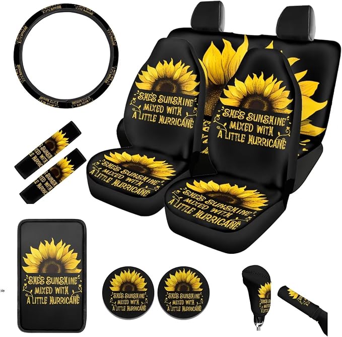 BIGCARJOB Sunshine Sunflower Car Seat Covers Full Set 12 Pcs Sunflower Print Car Accessories Interior Seat Protector for Womens Seat Belt Cover,Armrest Pads,Cup Holder Coaster
