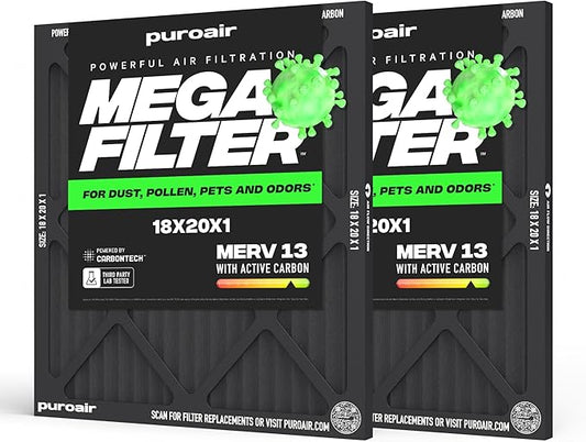 PuroAir MegaFilter - 18x20x1 Air Filter MERV 13 Activated CarbonTech Defense - Heavy Duty 3 Layer Furnace Filters Allergens, Pollen, Dust, Pet Dander, Smoke, Odors - HVAC Air Filter 18x20x1 (2-Pack)