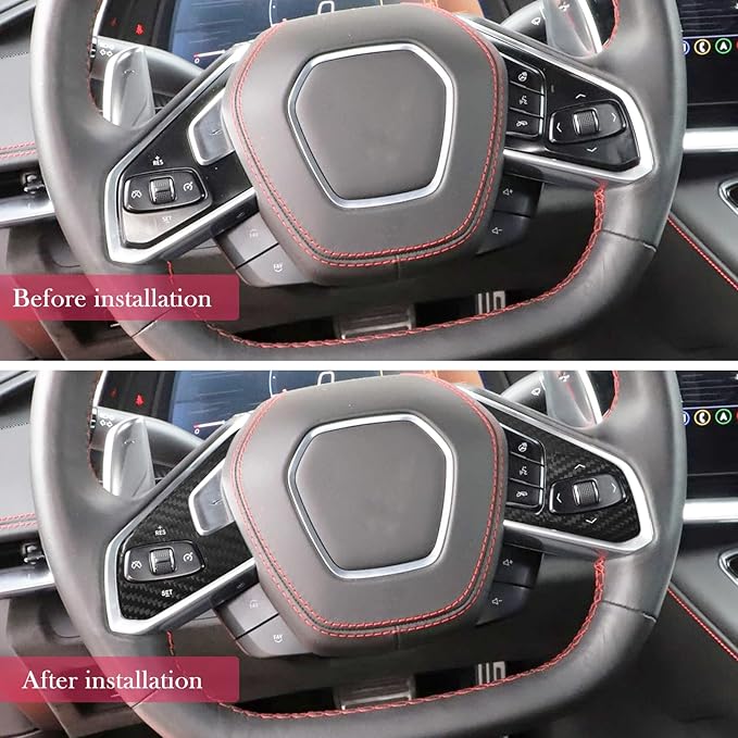 SUNJIKA Compatible with Real Carbon Fiber Steering Wheel Button Frame Cover Trim Interior Accessories For Corvette C8 2020-2024 (Black 2pc）