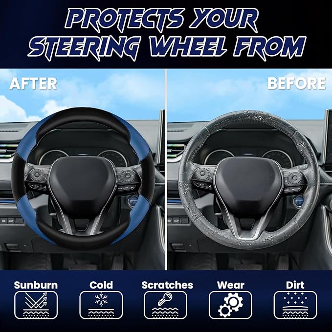 Soft Leather Steering Wheel Cover with Breathable Design and Anti-Slip Grip, Fully Compatible with Tesla, Toyota, Honda, Nissan 14.5-15.2 inch Round Steering Wheel（Sedans and SUVs）