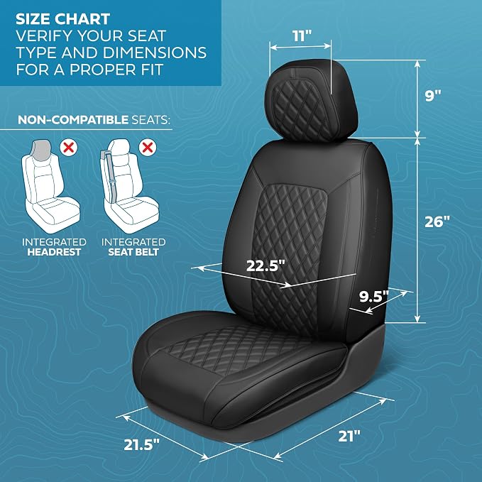 MotorBox Prestige Edition Faux Leather Seat Covers for Cars, Trucks, & SUV - 2 Black Car Seat Covers for Front Seats - Universal Fit Car Accessories Automotive Interior Protector for Most Vehicles