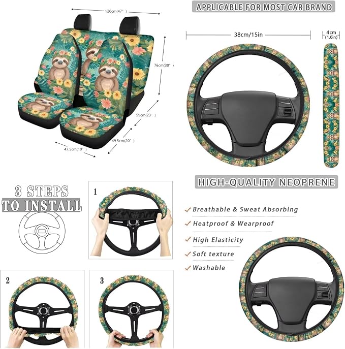 Suobstales Cute Sloth Print Car Accessories Car Seats Cover Protector, Flower Leaf Steering Wheel Covers, Seatbelt Cover, Car Trash Can, Cup Coasters, Rearview Mirror Cover, Keychains, Pack of 13