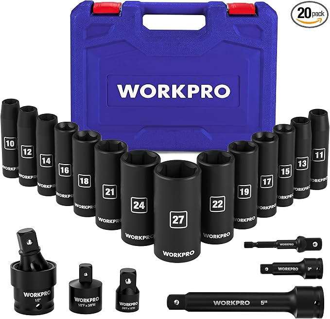 WORKPRO 20-Piece 1/2＂ Drive Deep Impact Socket Set, 6-Point, Cr-V Steel, 10-27mm, Universal Joint, Adapter and Extension Bar, Metric