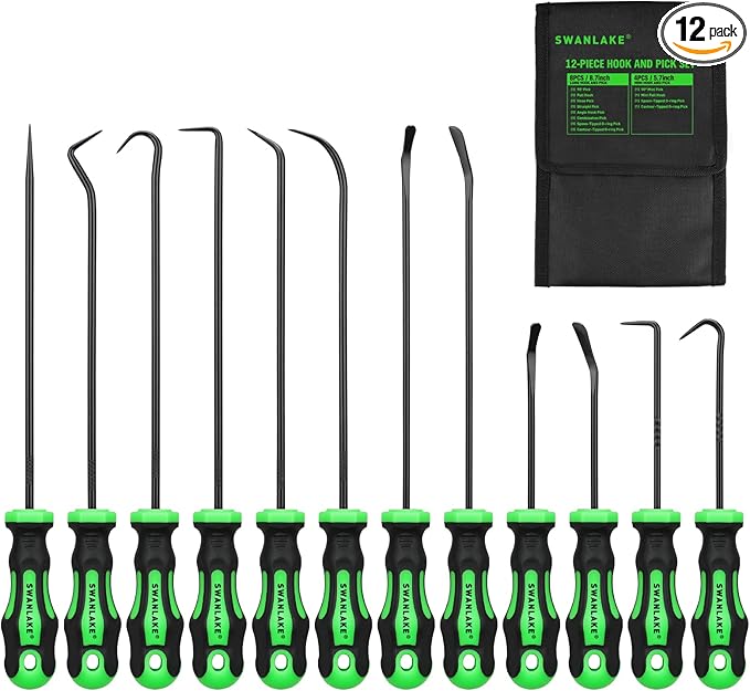 12-Piece Pick and Hook Tool Set, Automotive Mechanic Tools, Car Auto Oil Seal/O-Ring Seal Hook Kit, Lock Pick Set, Mini & Long Precision Hooks for Hoses, Gaskets, Seal Puller Removal