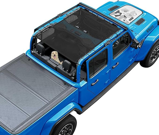 JT Top Sun Shade Roof Compatible with Jeep Gladiator 4 Door 2018 to 2023 Sunshade Sunroof Bikini Cover Blocks UV Wind Noise Black Mesh for Full Length