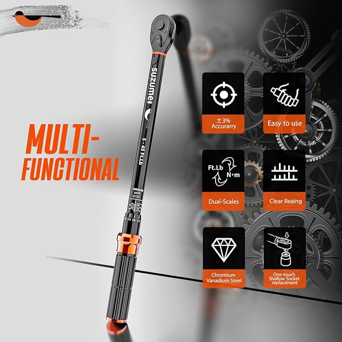 SUZUME Torque Wrench 3/8 Drive (5-45 Ft. Lb/ 6.8-61 N.m) 72 Tooth Reversible Head Torque Wrench ±3% High Accuracy Dual-Scales Torque Wrenches for Car Bike Moto