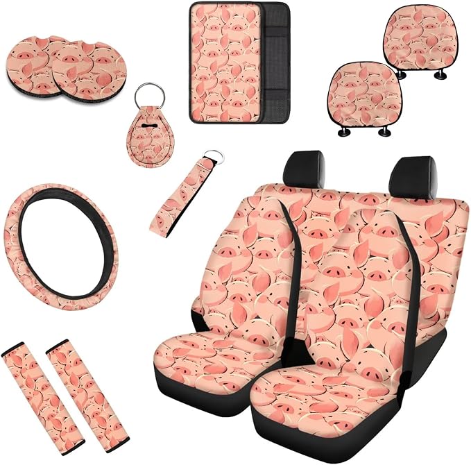 13 Pack Pink Pig Car Seat Covers, Cute Pigs Pattern Universal Driver Seat Cover Protector, Automotive Durable Interior Accessories Cup Holder Coaster