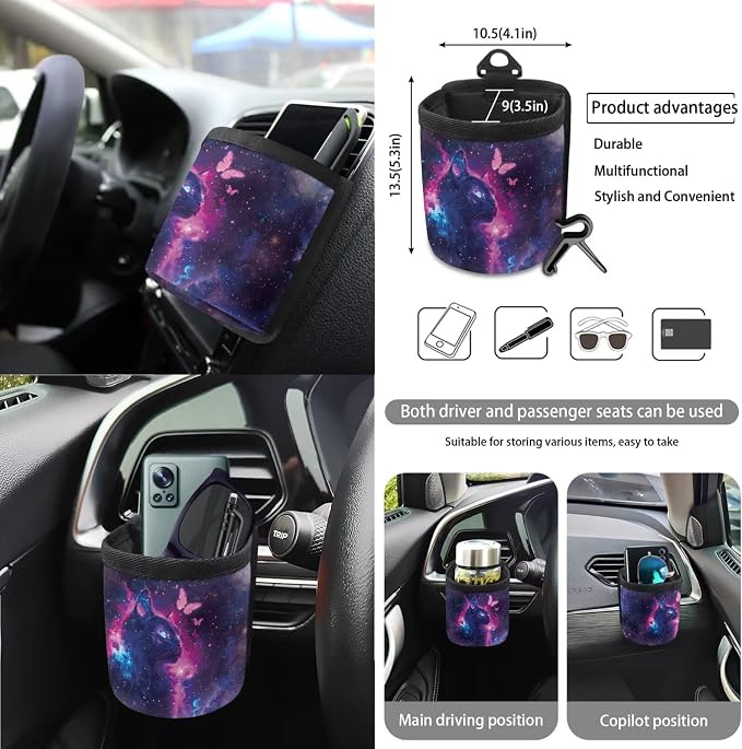 Starry Cat Print Car Seat Covers Full Set with Accessories for Women, Decorative Auto Accessories Include Steering Wheel Cover Safety Belt Pads Rearview Mirror Cover Cup Mats
