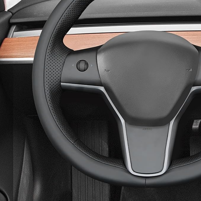 MEWANT Black Smooth Perforated Faux Leather Steering Wheel Cover for Tesla Model Y 2020-2023 Model 3 2017-2023