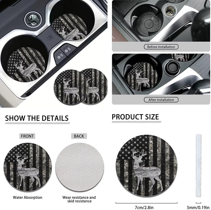 KEIAHUAN 11 Pcs Car Seat Covers Full Set for Men American Flag Deer Camo Hunting with Handbrake and Gear Shift Knob Cover,Headrest Cover, Coasters,Non-Slip Car Steering Wheel Cover,Coasters