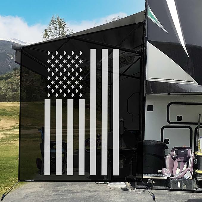 Tentproinc RV Awning Side Shade Screen 9' X 7' - (White American Flag) Black Mesh Sunshade for Motorhome Camping Trailer Awning Sunscreen UV Sun Blocker - 3 Year Warranty