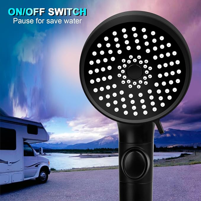 RV Shower Head with Hose, High Pressure 5 Mode Shower head Replacement, Handheld Showerhead for RV/Campers, Travel Trailer for Water Saving, Showerheads Holder and Hose, On Off Switch, Black