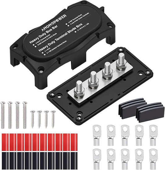 300A Bus Bar 12v Power Distribution Block 4 x 5/16"(M8) Terminal Block Heavy Duty Waterproof Buss Bar Junction Block Marine Battery Bus bar for Automotive Boat Solar System(Black)