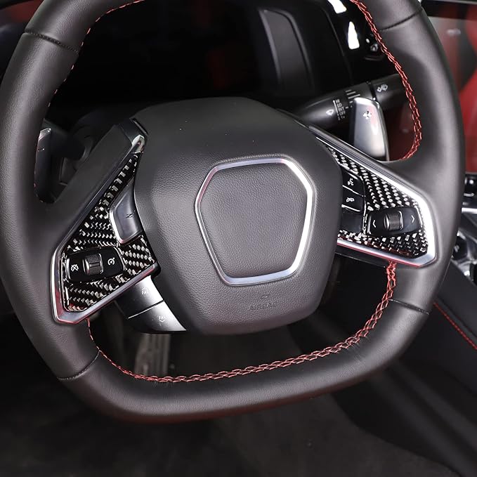 Steering Wheel Button Cover Compatible with Chevrolet Corvette C8 2020-2023, Steering Wheel Frame Trim, Car Steering Wheel Panel Protection Frame Molding Sticker (Black soft carbon fiber 3 holes)
