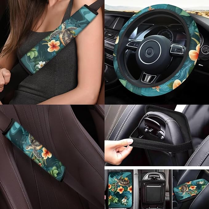 Sea Turtle Car Seat Covers Full Set of 17 Pcs,Plumeria Car Accessories with Animal Turtle Car Floor Mats Auto Seat Belt Cover Steering Wheel Cover Automotive Interior Seat Mat Cover for Women