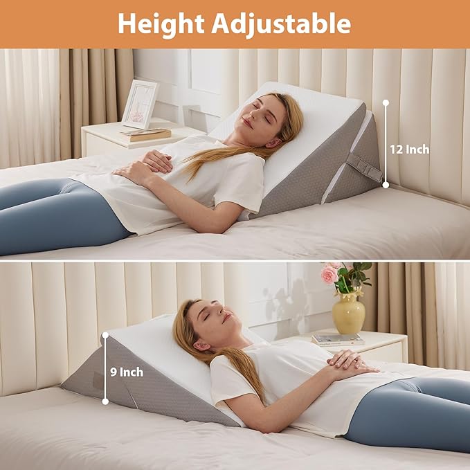 BIEEZZK Wedge Pillow, Adjustable Back Pillow for Sleeping, 9&12“ Bed Wedge Pillow Set for After Surgery, Triangle Memory Foam Pillow Wedges for Headboard, Acid Reflux, Snoring, GERD, White/Grey
