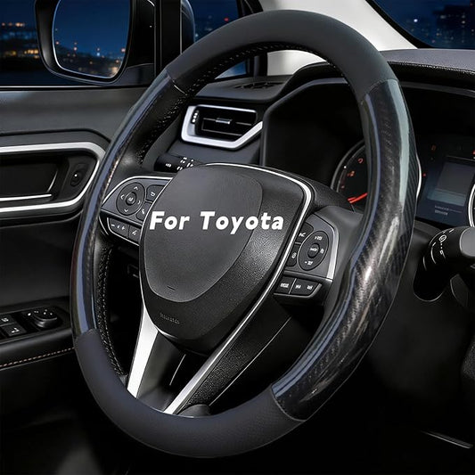 Steering Wheel Cover for Toyota Camry, Tacoma, RAV4, Corolla, Highlander, Sienna, Avalon, Prius, Standard Size 14.5-15" (Glossy Carbon Fiber)