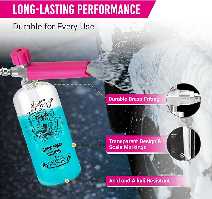 H.O.W DETAILING 1L Snow Foam Cannon, Car Foam Sprayer for Pressure Washer with 1/4'' Quick Connector & Adjustable Spray Nozzle