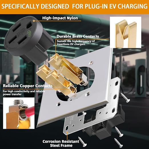 NEMA 14-50 Outlet 50 Amp EV Charging Receptacle with Wall Plate,NEMA 14-50R EV Power Outlet,125/250 Volt,50 Amp EV Outlet for Electric Vehicle Charging,RV and Large Appliance,3-Pole 4-Wire,ETL Listed
