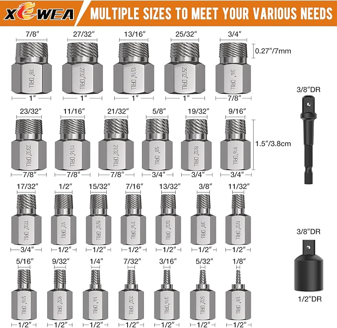 XEWEA 9PCS 1/2" Lug Nut Remover Set + 27PCS 3/8" Drive Multi-Spline Screw Bolt Extractor Set,Wheel Lock Removal Kit, Easy Out Extractor Set for Damaged, Frozen, Rusted, Rounded-Off Bolts Nuts & Screws