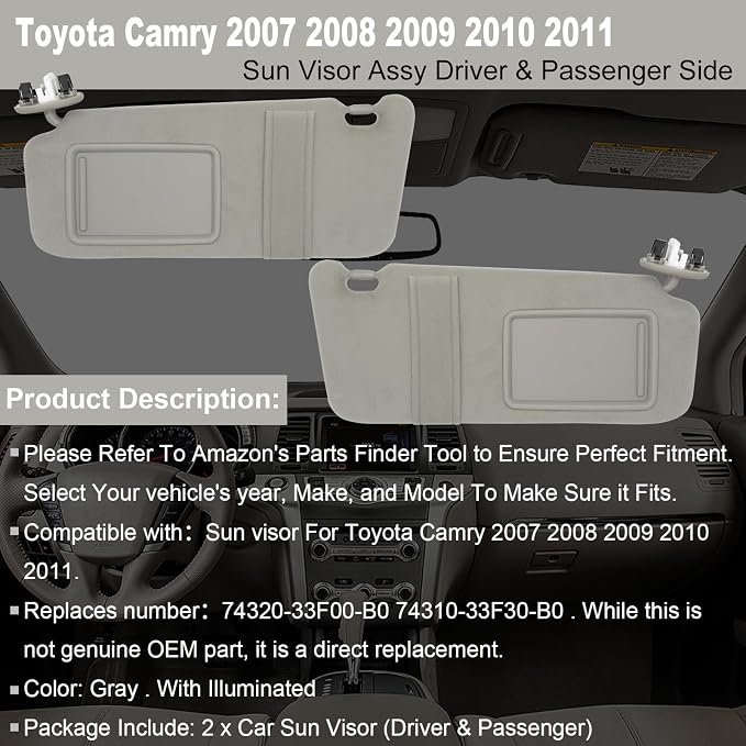 NHILES Driver & Passenger Side Sun Visor Fits for Toyota Camry 2007 2008 2009 2010 2011 Replacement Sun Shade with Light # 74320-33F00-B0 74310-33F30-B0 (Gray)