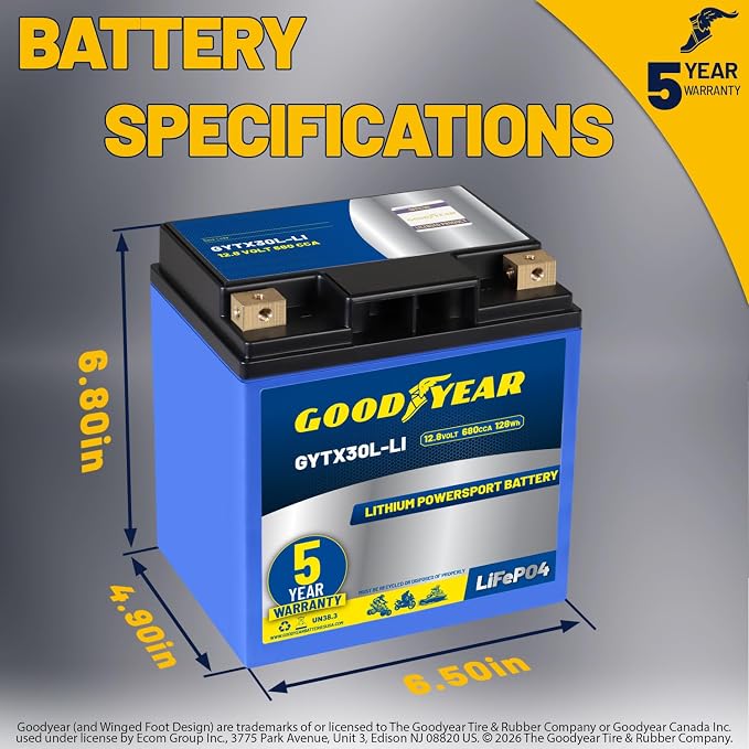 Goodyear GYTX30L-LI Lithium LiFePO4 12.8V 680CCA Rechargeable High Performance Powersport Battery with Smart BMS Replacement for Motorcycle, ATV, UTV, Scooter, Watercraft, Jet Ski, and Snowmobile