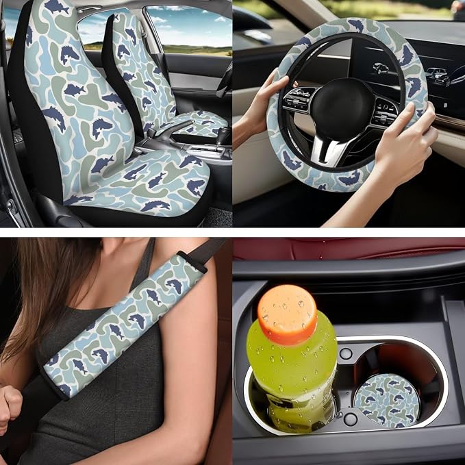 Bulopur Teal Fish Camo Auto Seat Covers Front and Backseat with Patriotic Automotive Steering Wheel Cover Cloth Armrest Cushion Pad Anti-Scratch Seat Headrest Cover 14 Piece Car Interior Decor Set