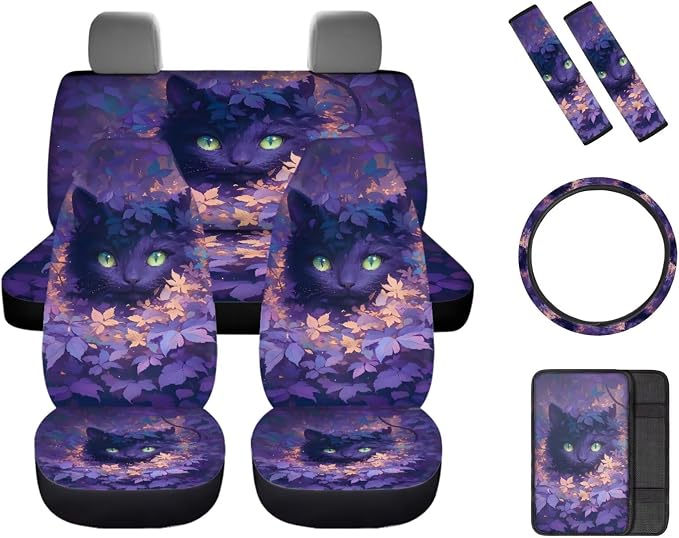Cute Black Cat Car Interior Accessories for Women, Car Seat Covers Full Set with Auto Steering Wheel Cover Center Console Pad Seat Belt Covers, Auto Decorations Set of 8