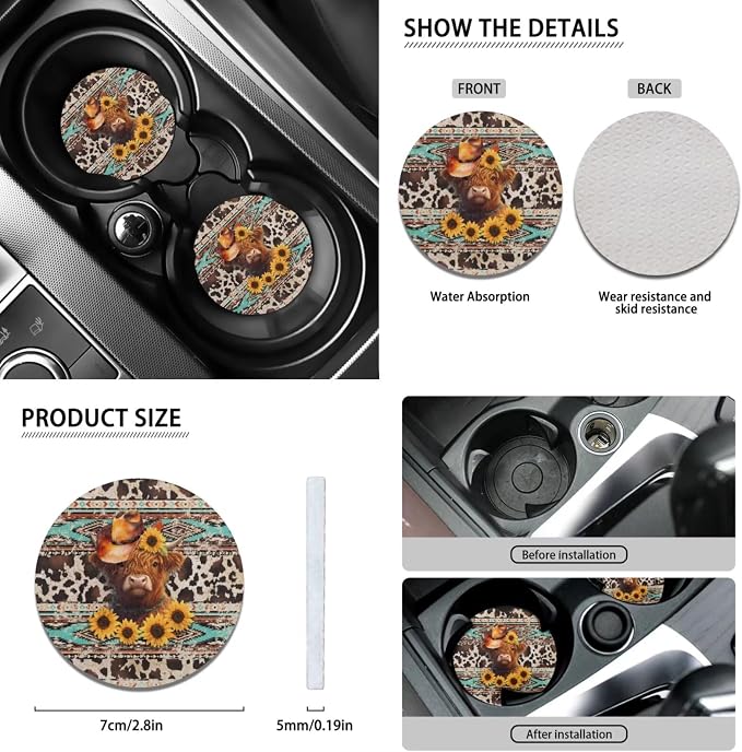 Wanyint Aztec Highland Cow Cowboy Sunflower Car Seat Covers Full Set Pack of 12, with Steering Wheel Cover Seat Belt Pad Armrest Pad Handbrake Cover Gear Shift Cover Handbrake Cover Cup Coaster