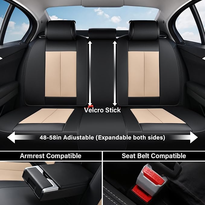 Coverado Car Seat Covers Full Set, Seat Covers for Cars, Automotive Seat Covers, Waterproof Nappa Leather Front Seats and Back Car Seat Protector, Universal Fit for Most Cars SUV Trucks,Black&Beige