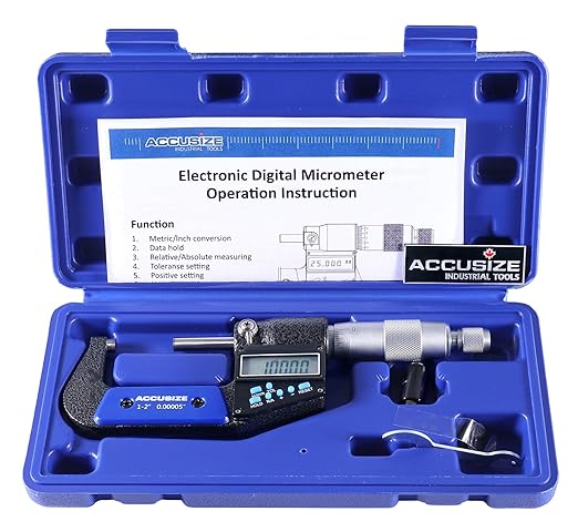 Accusize Industrial Tools 1-2''/25-50 mm by 0.00005''/0.001 mm 7-Key Electronic Digital Micrometer, Water Proof, Ac21-2022 | IP54 Rated, 0.00005"/0.001 mm Resolution, 7-Key, ±0.002" Accuracy